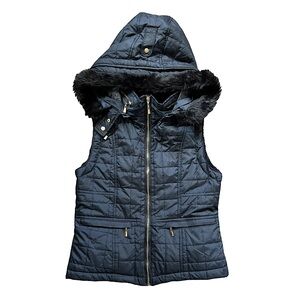 Daisy Fashion Navy Blue Fuzzy Lined Vest Removable Hood Women’s Size Large